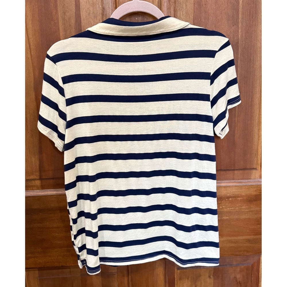 Gilli Striped Polo Shirt Womens Tan Navy Short Sleeve V Neck‎ Casual Size M - Picture 2 of 5